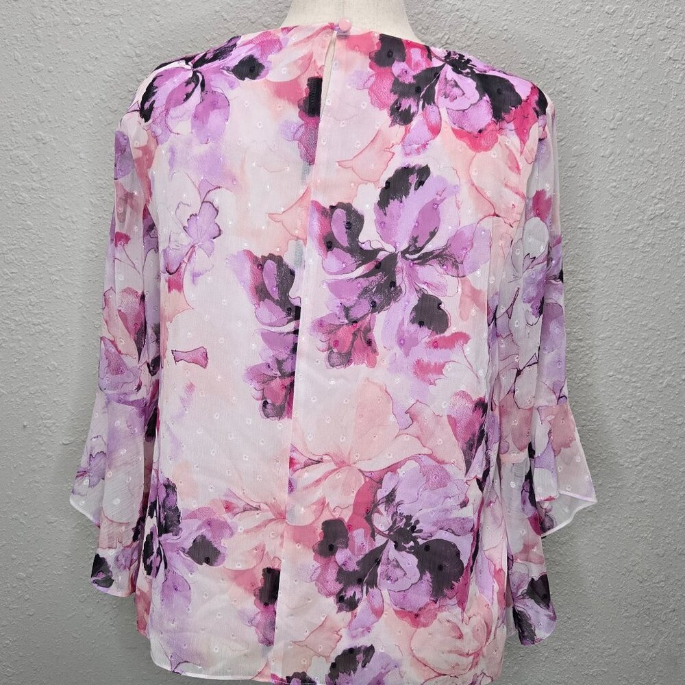 Pink Floral Chiffon Blouse with lining by Kasper Sz Lg, Excellent Pre-Owned Cond - Picture 2 of 6